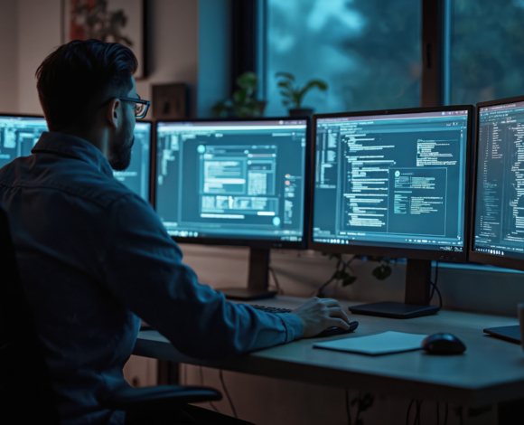 a man sitting at a desk with multiple computer screens